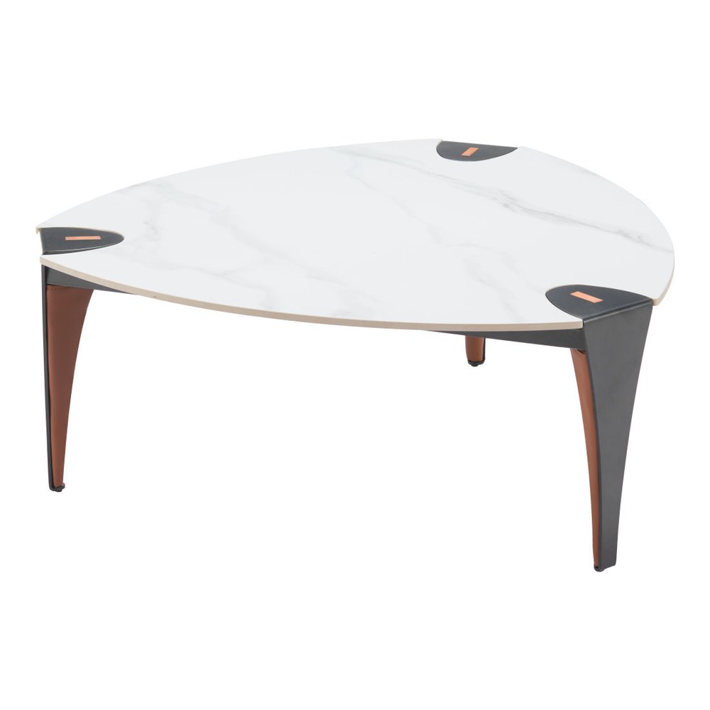 36" White and Black Sintered Stone Faux Leather And Steel Triangle Coffee Table HomeRoots