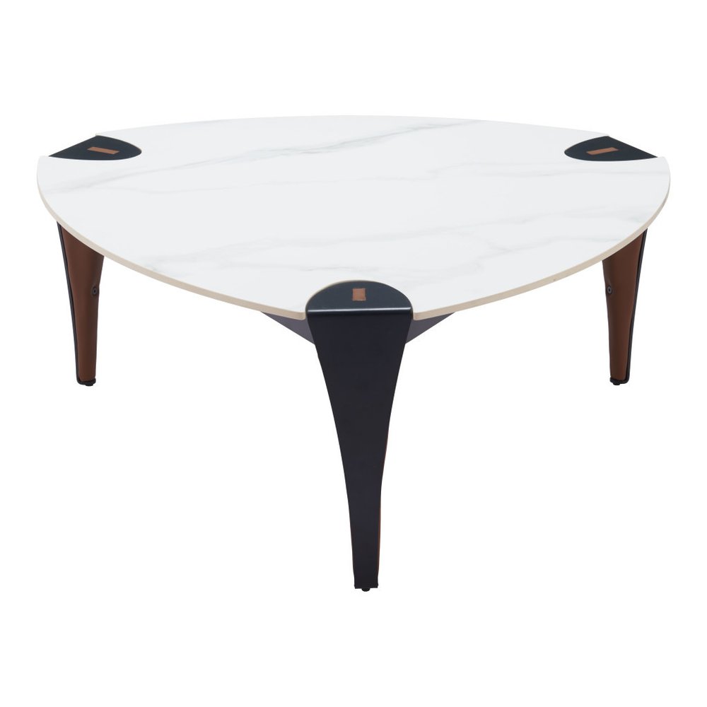36" White and Black Sintered Stone Faux Leather And Steel Triangle Coffee Table HomeRoots