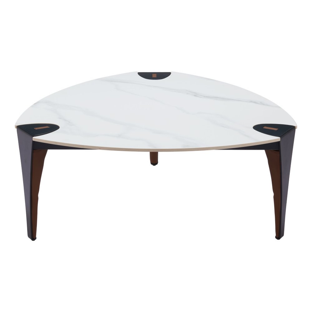 36" White and Black Sintered Stone Faux Leather And Steel Triangle Coffee Table HomeRoots