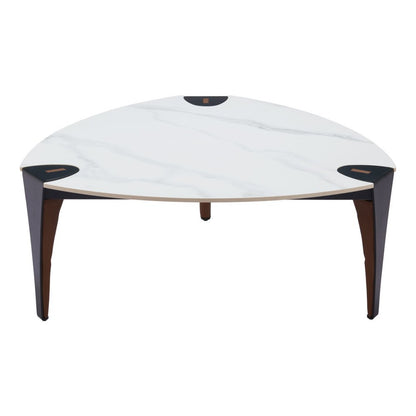 36" White and Black Sintered Stone Faux Leather And Steel Triangle Coffee Table HomeRoots