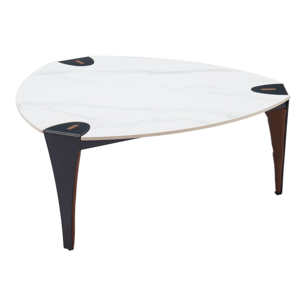 36" White and Black Sintered Stone Faux Leather And Steel Triangle Coffee Table HomeRoots