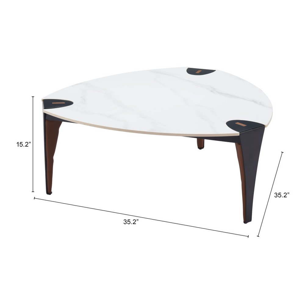 36" White and Black Sintered Stone Faux Leather And Steel Triangle Coffee Table HomeRoots