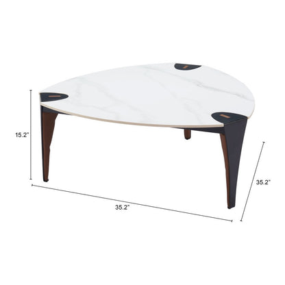 36" White and Black Sintered Stone Faux Leather And Steel Triangle Coffee Table HomeRoots
