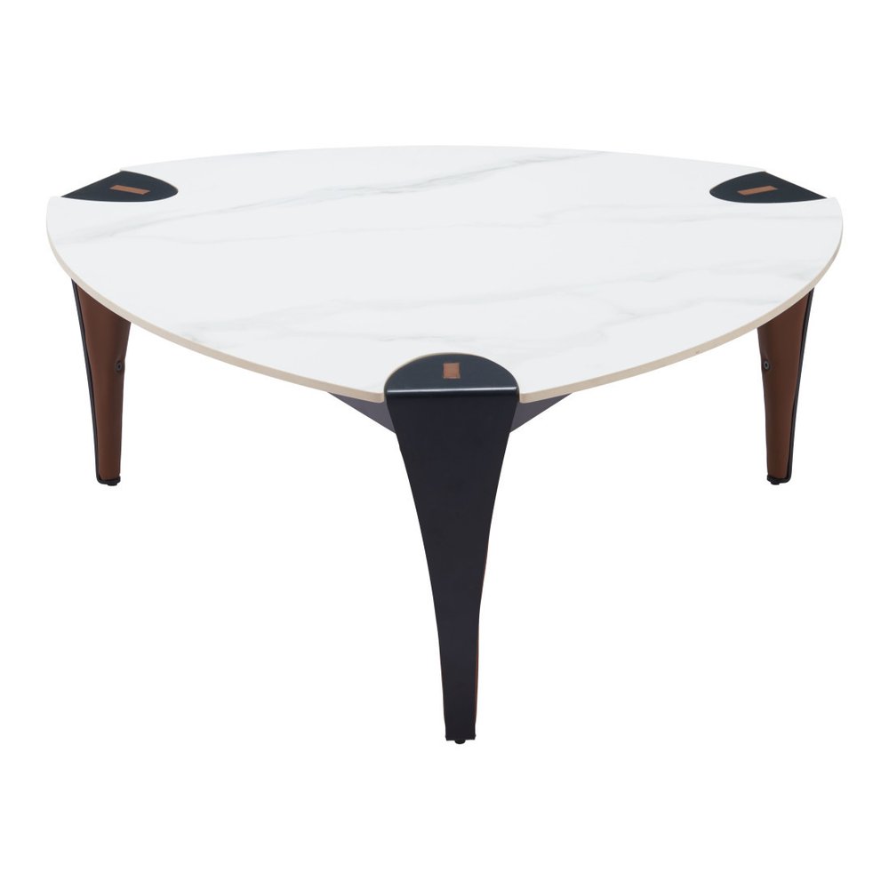36" White and Black Sintered Stone Faux Leather And Steel Triangle Coffee Table — view 5