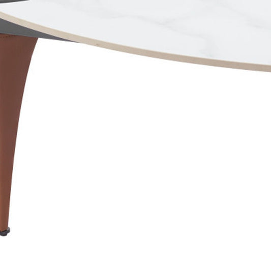 36" White and Black Sintered Stone Faux Leather And Steel Triangle Coffee Table