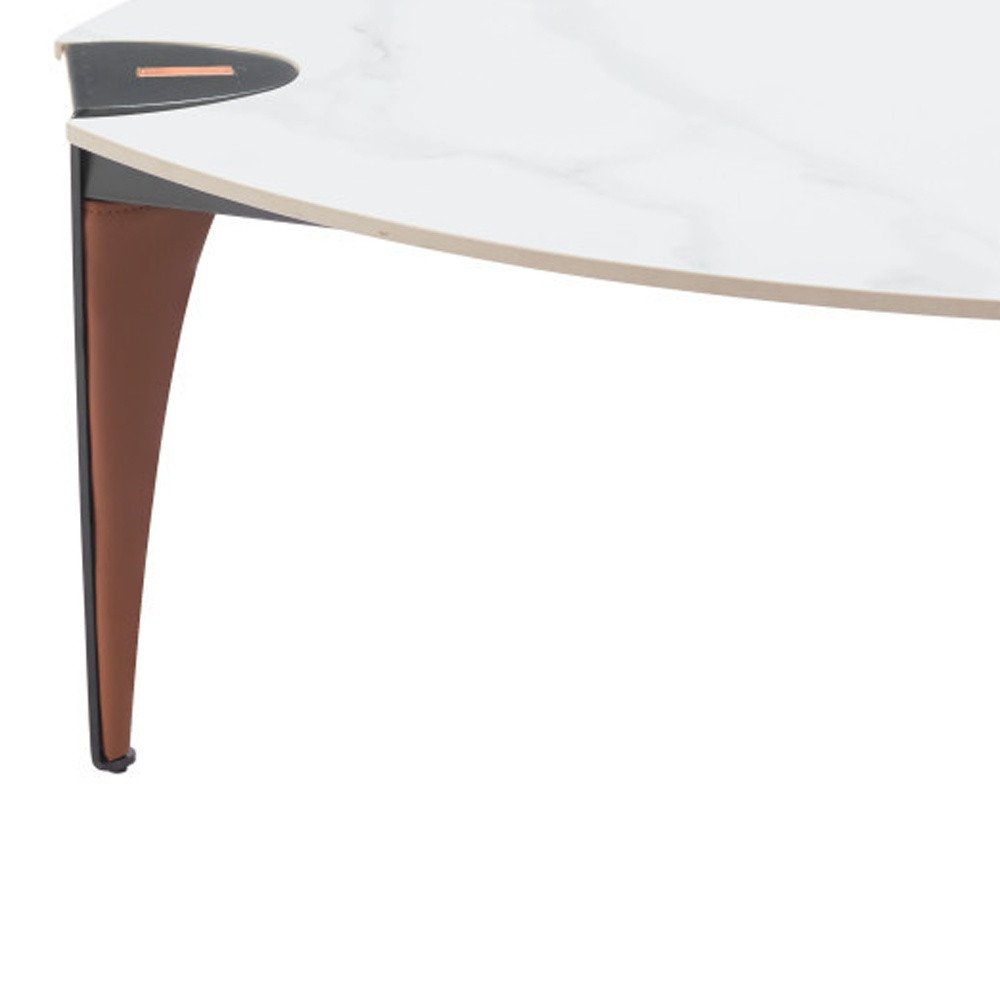 36" White and Black Sintered Stone Faux Leather And Steel Triangle Coffee Table HomeRoots