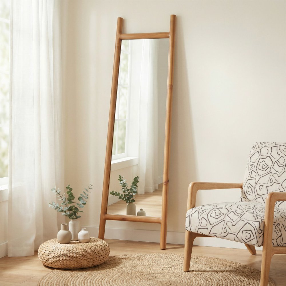 70" Natural Solid Wood Leaning Geometric Framed Standing Mirror HomeRoots
