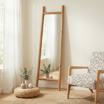 70" Natural Solid Wood Leaning Geometric Framed Standing Mirror HomeRoots