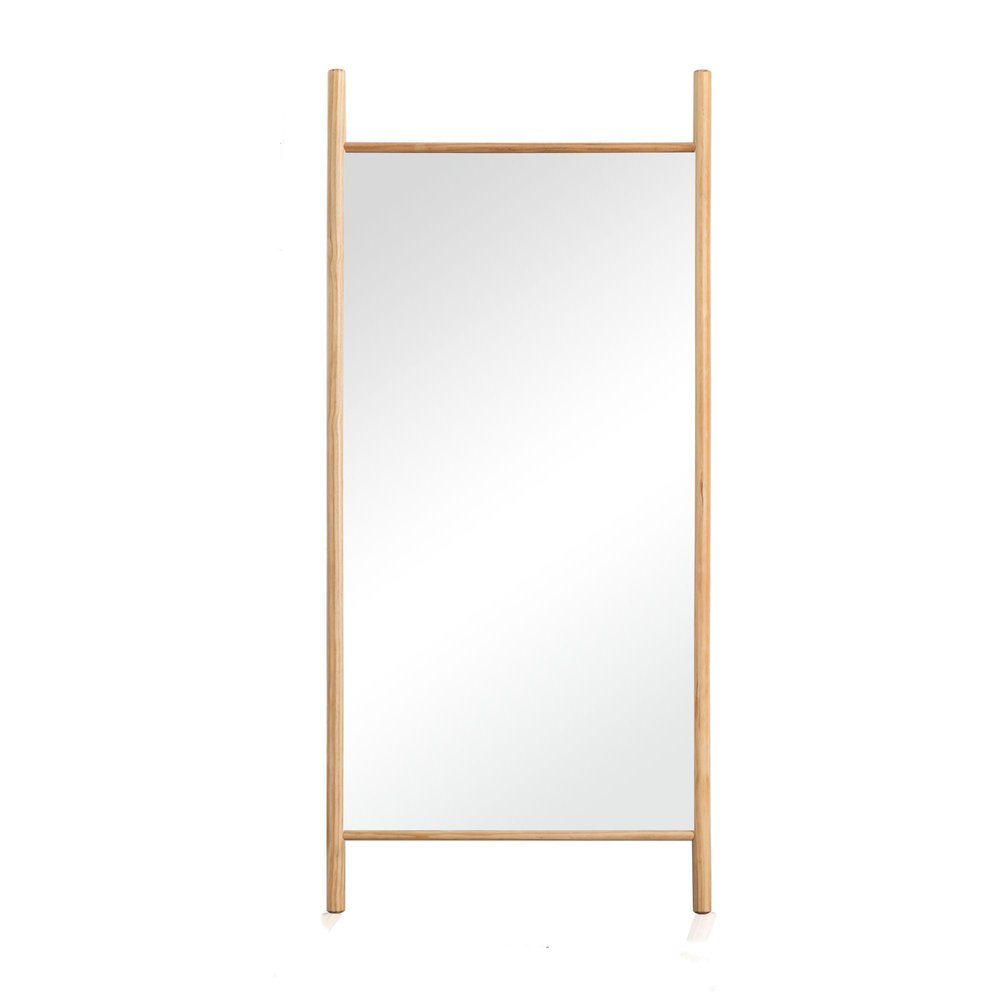 64" Natural Solid Wood Ladder Leaning Framed Full Length Mirror