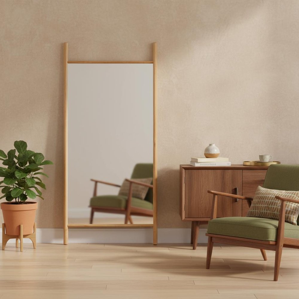 64" Natural Solid Wood Ladder Leaning Framed Full Length Mirror — view 6