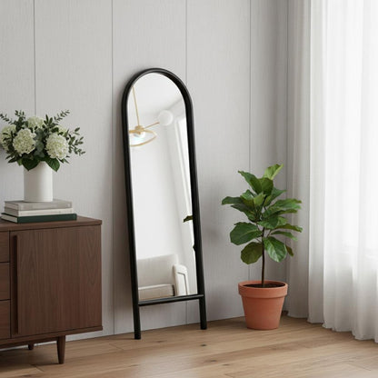 64" Natural Solid Wood Ladder Leaning Framed Full Length Mirror