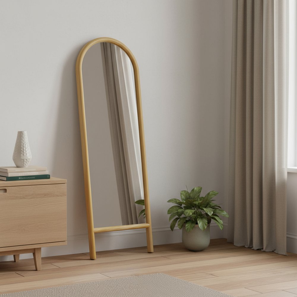 64" Natural Solid Wood Arch Leaning Framed Full Length Mirror — view 6