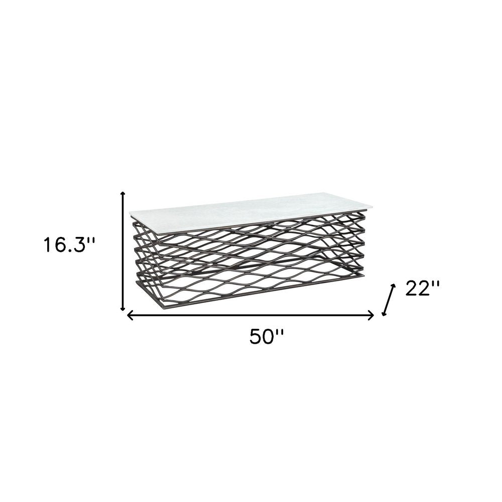 50" White and Antiqued Bronze Genuine Marble and Aluminum Abstract Coffee Table HomeRoots