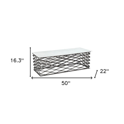 50" White and Antiqued Bronze Genuine Marble and Aluminum Abstract Coffee Table HomeRoots
