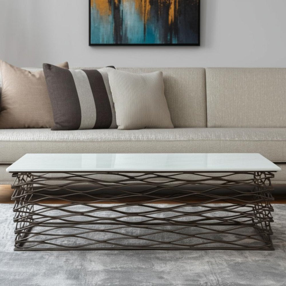 50" White and Antiqued Bronze Genuine Marble and Aluminum Abstract Coffee Table HomeRoots