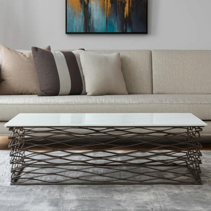 50" White and Antiqued Bronze Genuine Marble and Aluminum Abstract Coffee Table HomeRoots