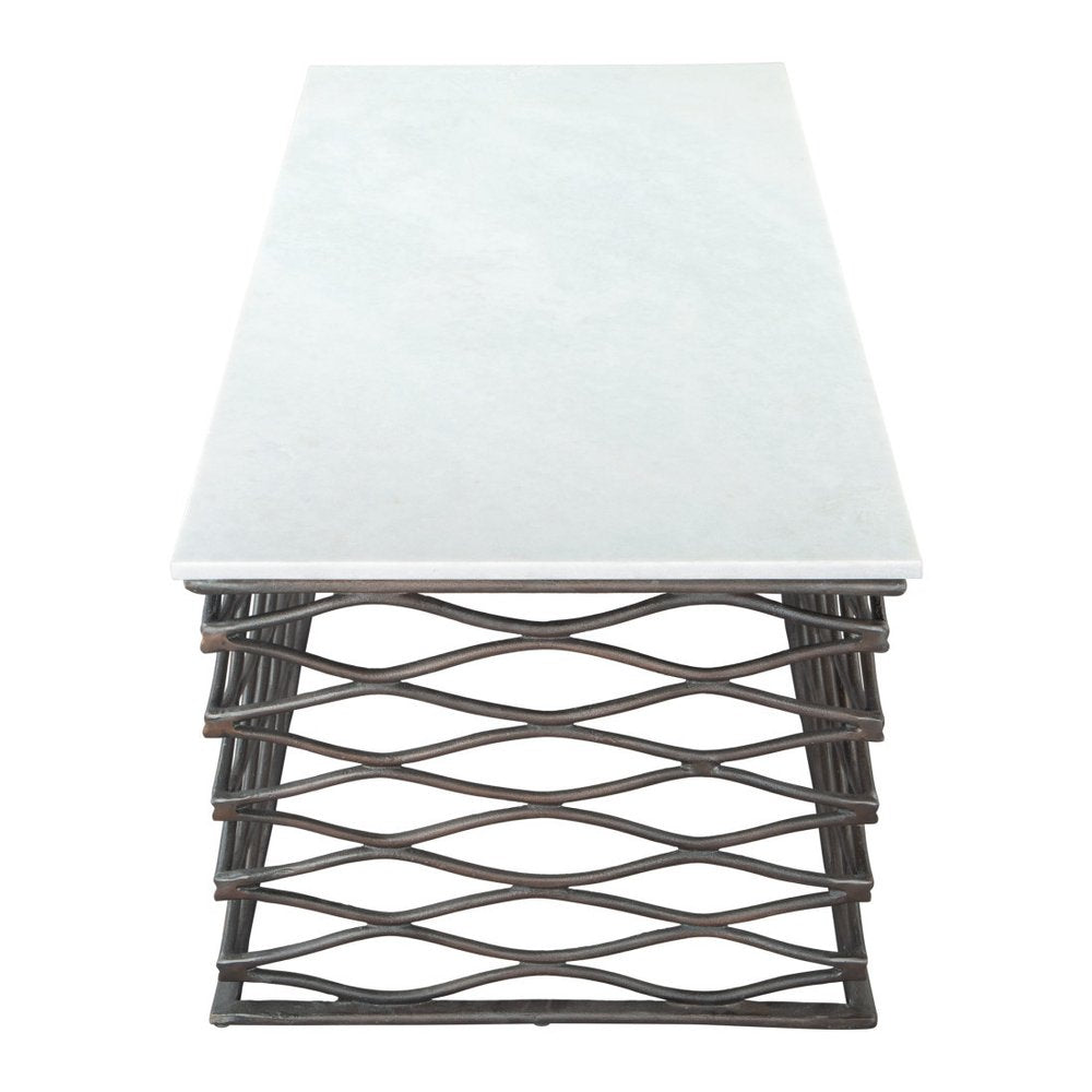 50" White and Antiqued Bronze Genuine Marble and Aluminum Abstract Coffee Table HomeRoots