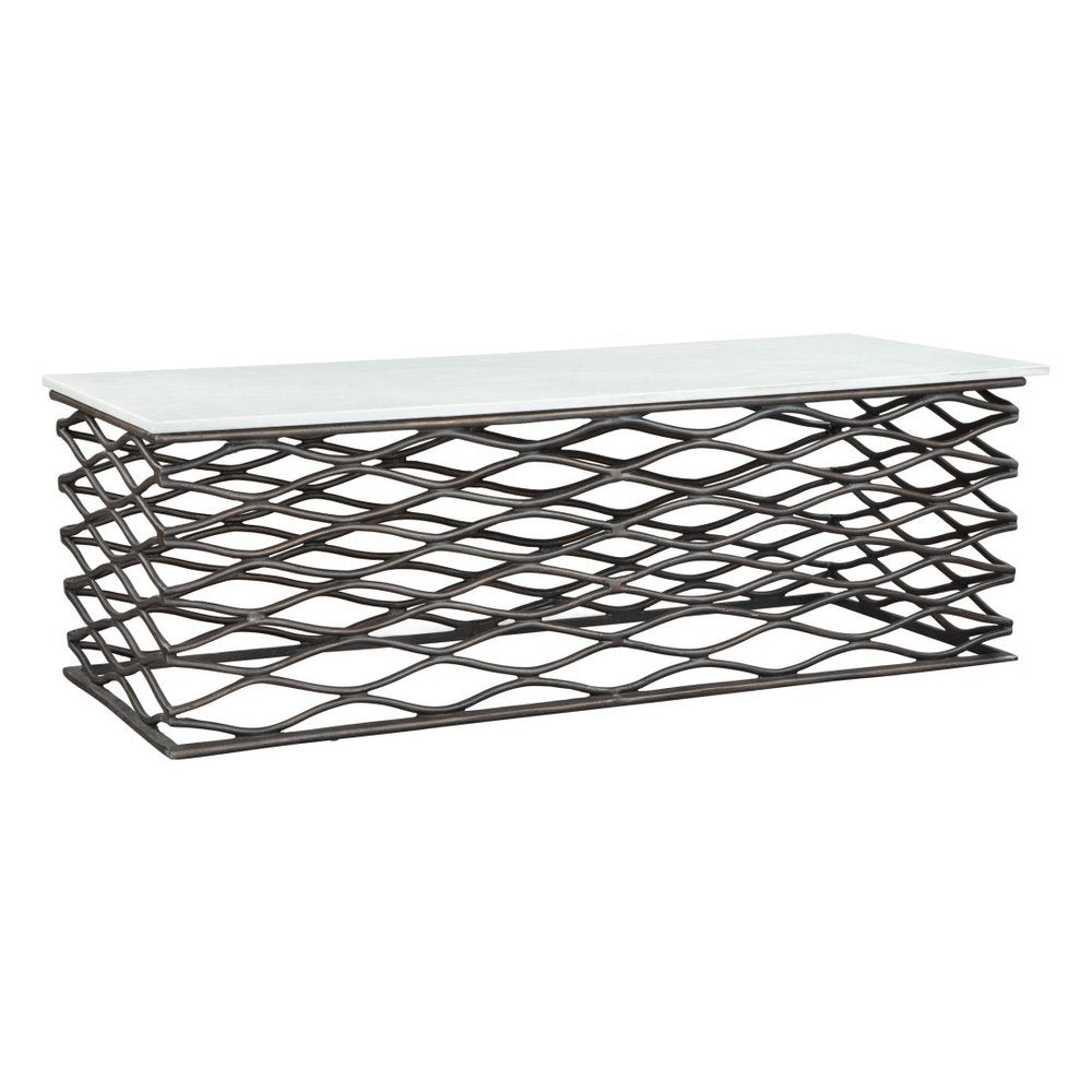 50" White and Antiqued Bronze Genuine Marble and Aluminum Abstract Coffee Table HomeRoots