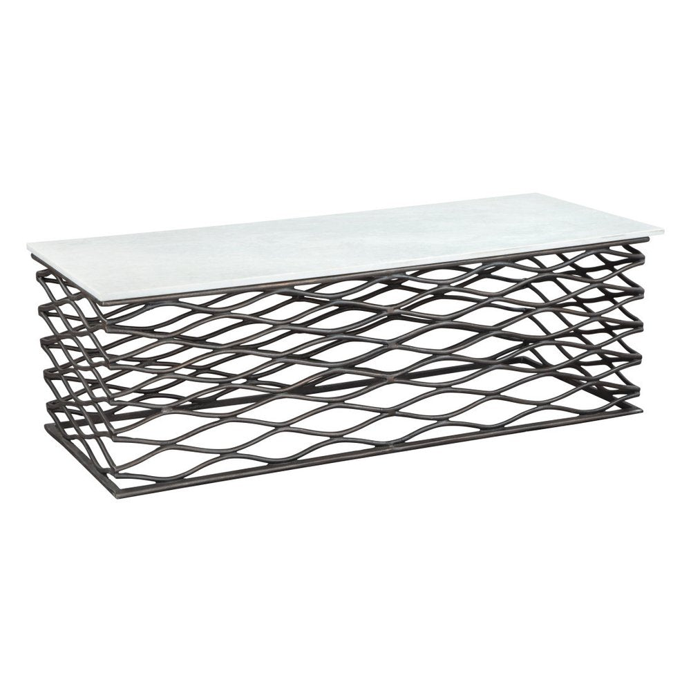 50" White and Antiqued Bronze Genuine Marble and Aluminum Abstract Coffee Table HomeRoots