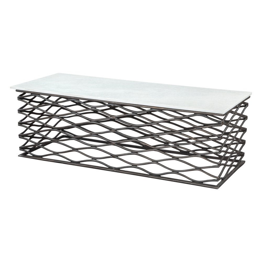 50" White and Antiqued Bronze Genuine Marble and Aluminum Abstract Coffee Table HomeRoots
