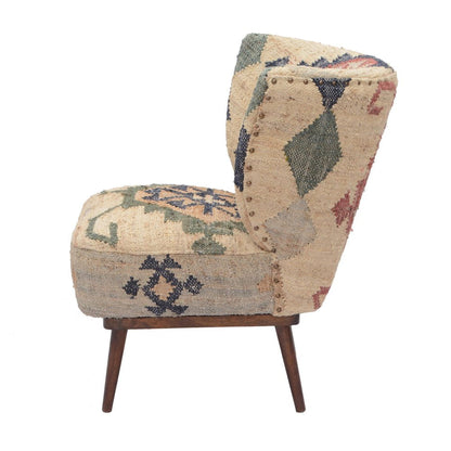 26" Beige Blue and Red  Jute Southwestern Wingback Chair HomeRoots