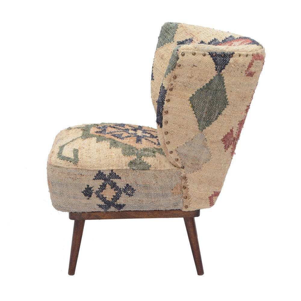 26" Beige Blue and Red  Jute Southwestern Wingback Chair HomeRoots