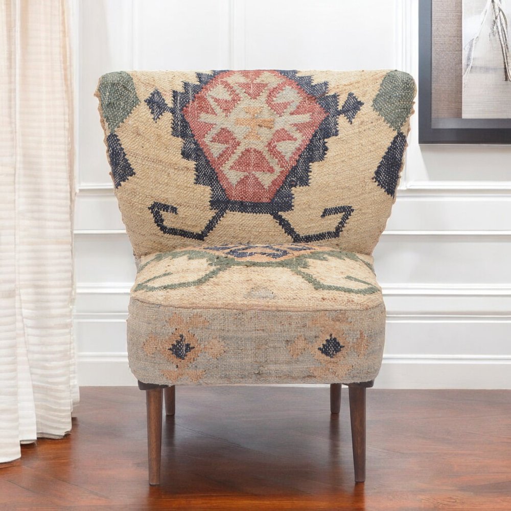 26" Beige Blue and Red  Jute Southwestern Wingback Chair HomeRoots