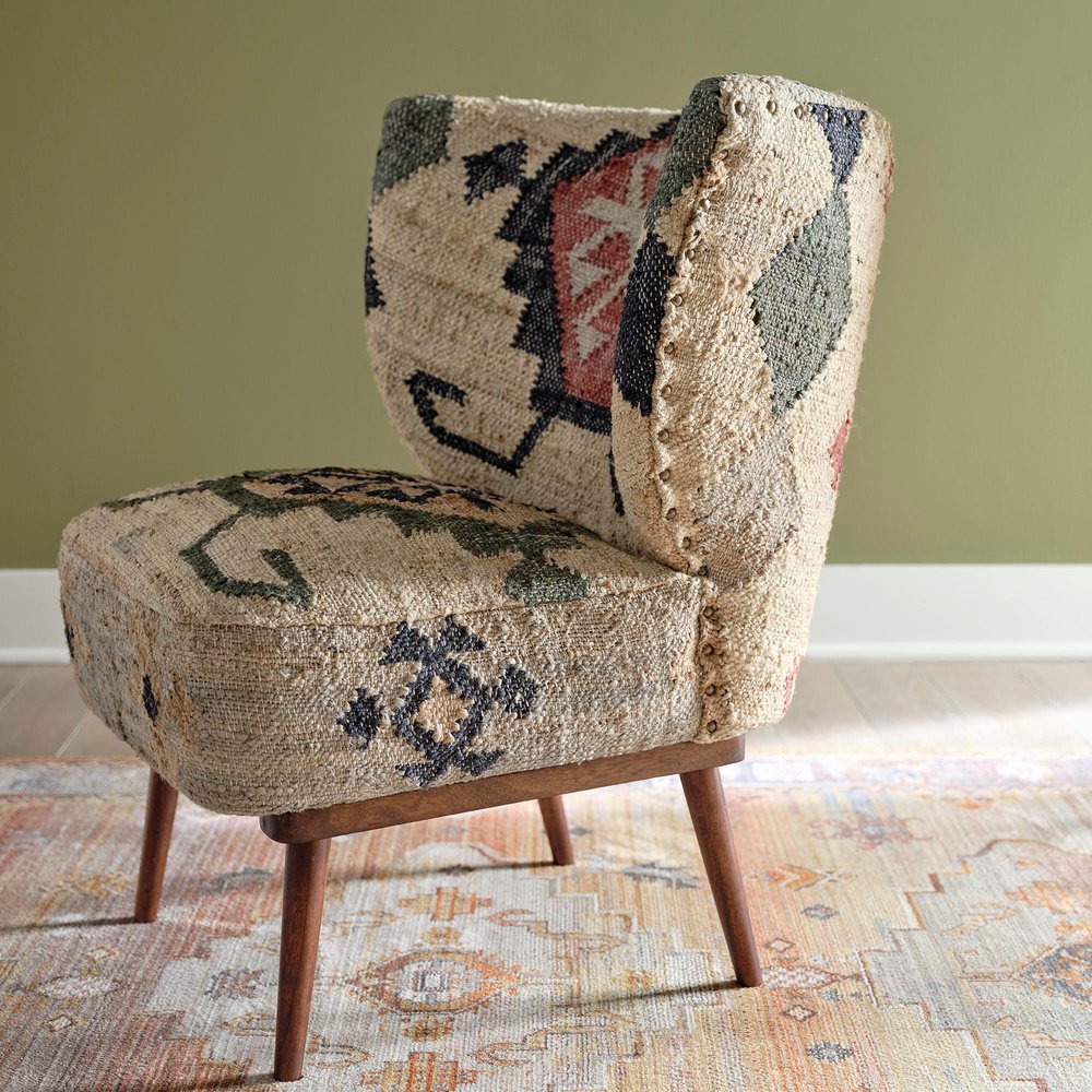 26" Beige Blue and Red  Jute Southwestern Wingback Chair HomeRoots