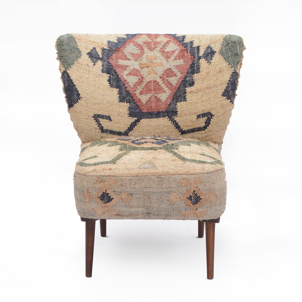 26" Beige Blue and Red  Jute Southwestern Wingback Chair HomeRoots