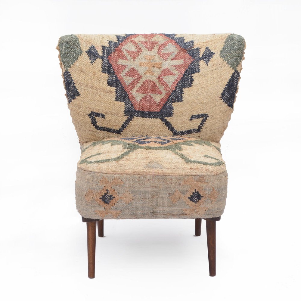 26" Beige Blue and Red  Jute Southwestern Wingback Chair HomeRoots