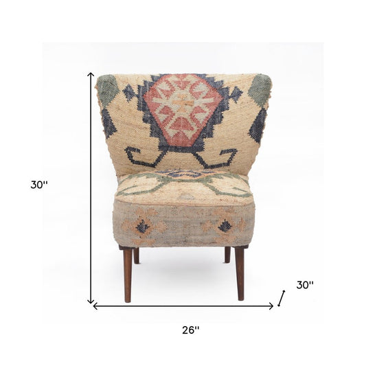 26" Beige Blue and Red  Jute Southwestern Wingback Chair