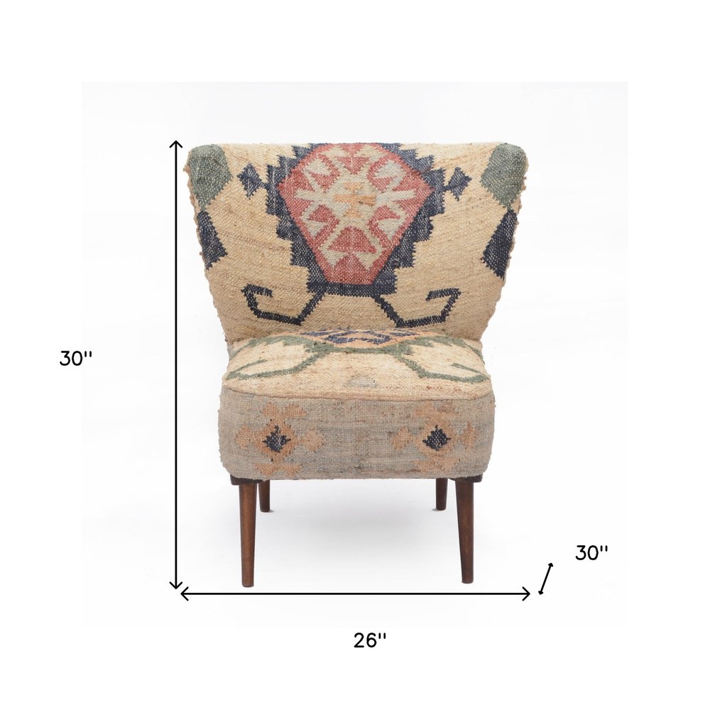 26" Beige Blue and Red  Jute Southwestern Wingback Chair HomeRoots
