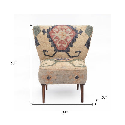 26" Beige Blue and Red  Jute Southwestern Wingback Chair HomeRoots