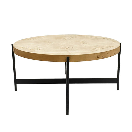 36" Natural And Black Wood and Iron Round Coffee Table HomeRoots