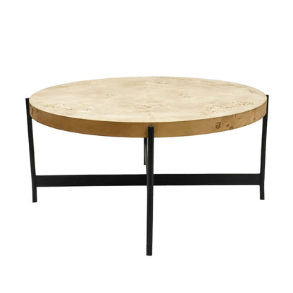 36" Natural And Black Wood and Iron Round Coffee Table HomeRoots
