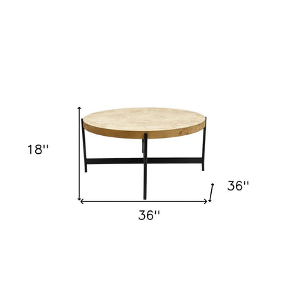 36" Natural And Black Wood and Iron Round Coffee Table HomeRoots