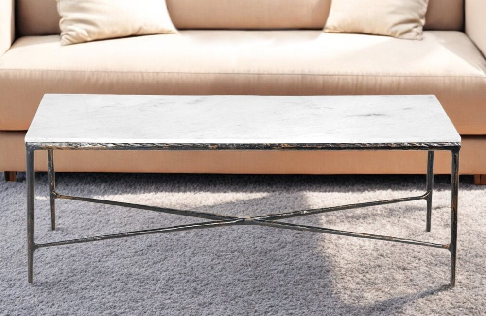 28" White And Brown Genuine Marble And Aluminum Metal Coffee Table — view 1