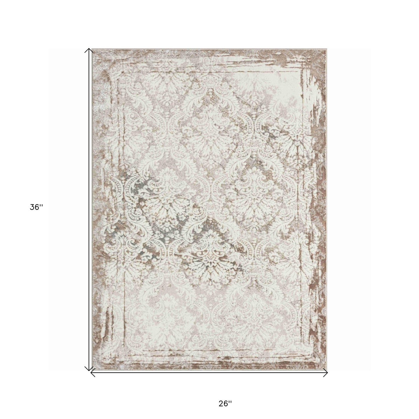 2' X 3' Beige and Ivory Damask Area Rug