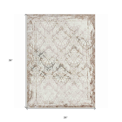 2' X 3' Beige and Ivory Damask Area Rug