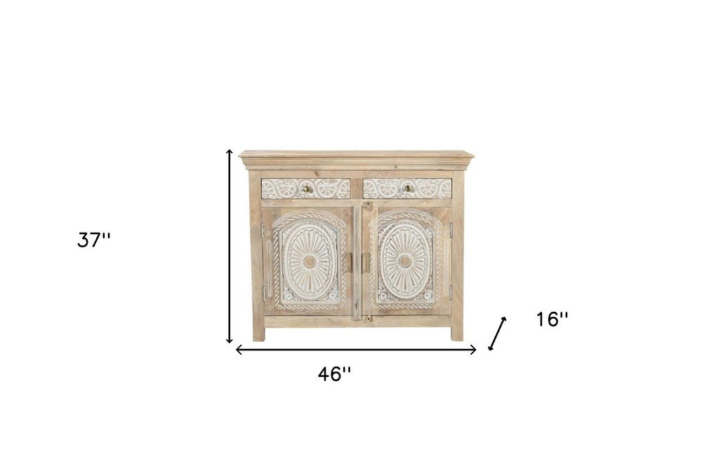 46" White Distressed Solid Wood Carved Scrollwork Two Drawer Sideboard With Two Doors HomeRoots