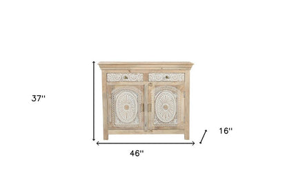 46" White Distressed Solid Wood Carved Scrollwork Two Drawer Sideboard With Two Doors HomeRoots