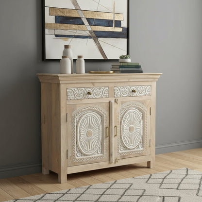46" White Distressed Solid Wood Carved Scrollwork Two Drawer Sideboard With Two Doors HomeRoots