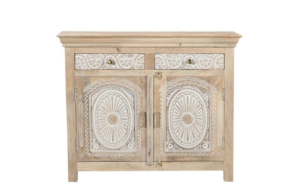 46" White Distressed Solid Wood Carved Scrollwork Two Drawer Sideboard With Two Doors HomeRoots