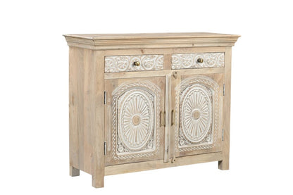 46" White Distressed Solid Wood Carved Scrollwork Two Drawer Sideboard With Two Doors HomeRoots