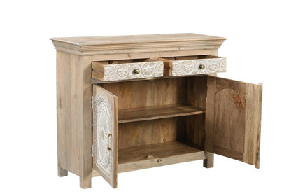 46" White Distressed Solid Wood Carved Scrollwork Two Drawer Sideboard With Two Doors HomeRoots