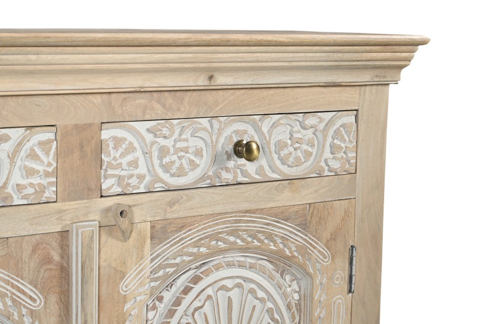 46" White Distressed Solid Wood Carved Scrollwork Two Drawer Sideboard With Two Doors HomeRoots