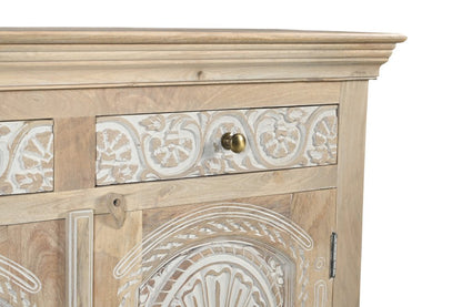 46" White Distressed Solid Wood Carved Scrollwork Two Drawer Sideboard With Two Doors HomeRoots
