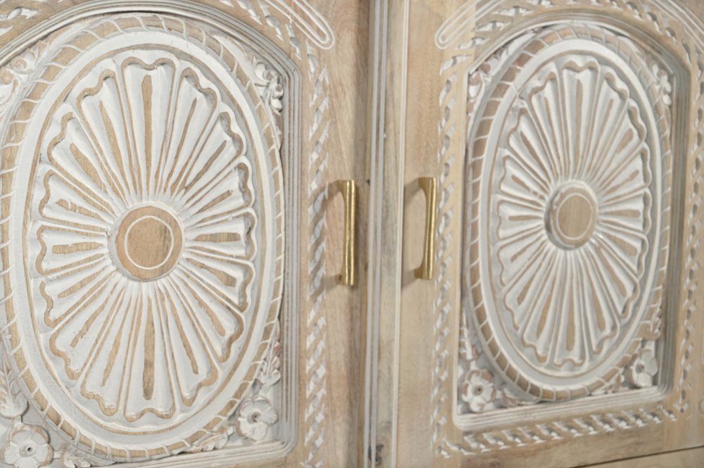 46" White Distressed Solid Wood Carved Scrollwork Two Drawer Sideboard With Two Doors HomeRoots