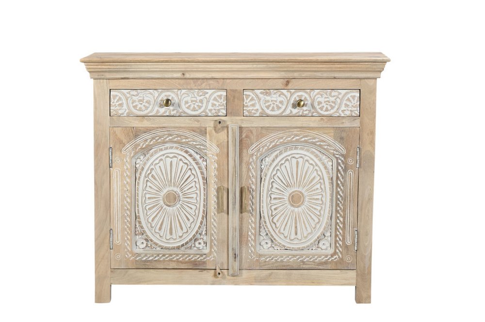 46" White Distressed Solid Wood Carved Scrollwork Two Drawer Sideboard With Two Doors HomeRoots