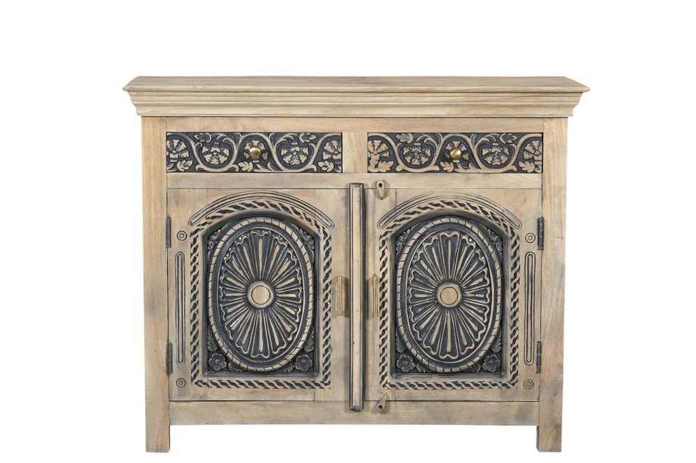 46" Beige And Black Distressed Solid Wood Carved Floral Two Drawer Sideboard With Two Doors